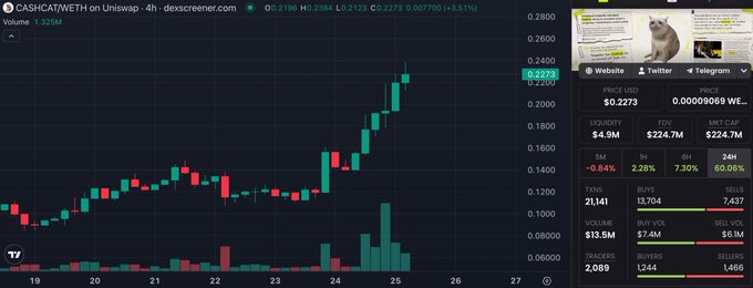 A Dexscreener chart showing the price action of CASH/WETH on Uniswap, with a current price of 0.2273 USD and a market cap of $224.7M.