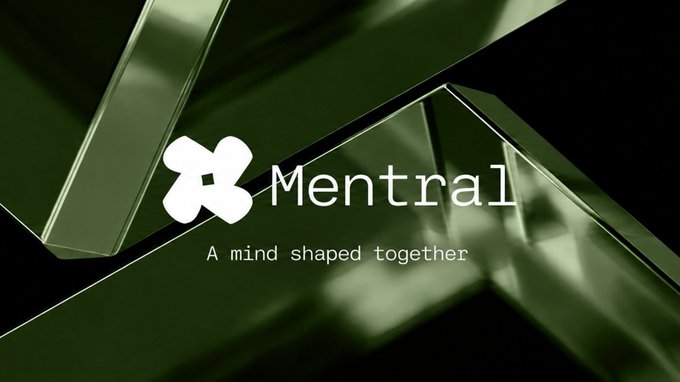 A minimalist logo design for 'Mentral' with the tagline 'A mind shaped together' displayed over a background of geometric green shapes.