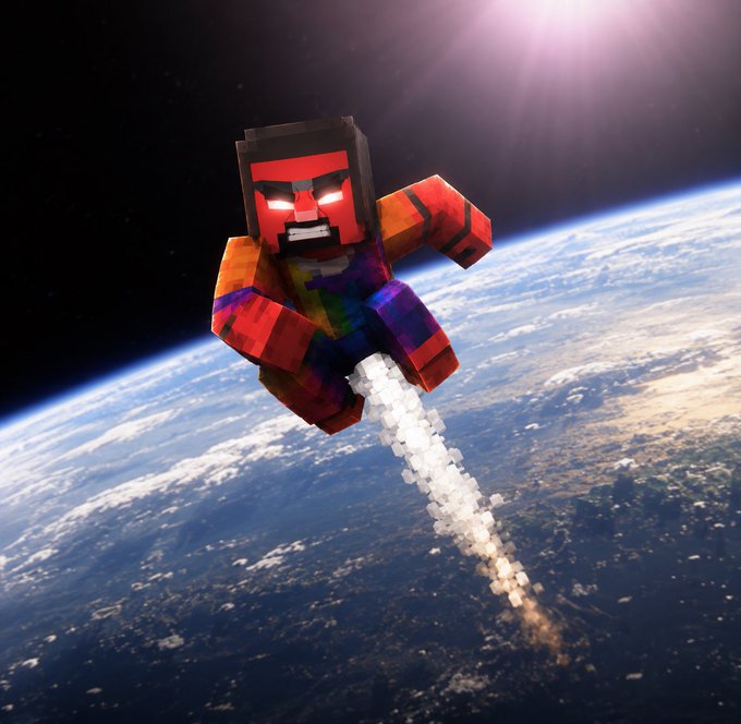 A Minecraft-style character with glowing red eyes and a rainbow outfit flying through space above Earth, propelled by rocket exhaust.