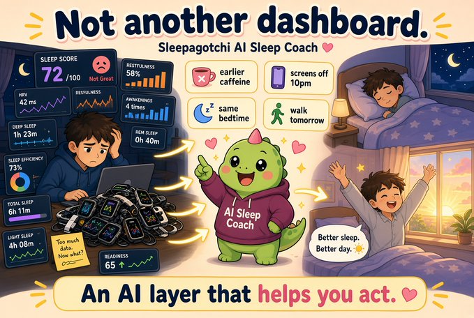 A promotional graphic titled 'Not another dashboard' for 'Sleepagotchi AI Sleep Coach,' contrasting a tired boy looking at complex sleep metrics with a happy boy in bed, aided by a green dinosaur character wearing an 'AI Sleep Coach' hoodie.