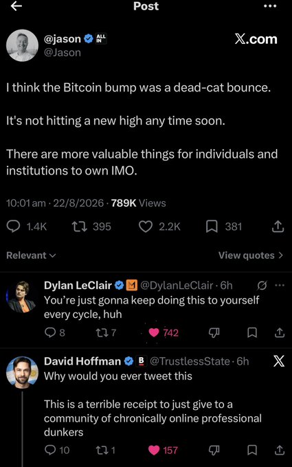 The image shows a tweet from "@jason" stating "I think the Bitcoin bump was a dead-cat bounce." This post is relevant because the accompanying text highlights that "All-in Podcaster 'jason'" made his fortune from a single Uber investment, implying his advice on Bitcoin should be viewed with skepticism.