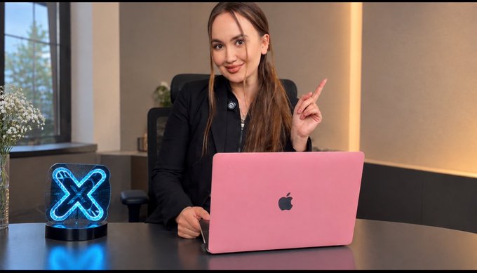 A woman in a black blazer sits at a desk with a pink Apple MacBook laptop, pointing upward, with an illuminated blue X (formerly Twitter) logo displayed on the desk beside her.