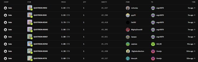A dark-themed NFT marketplace interface showing sales transactions for 'QUOTION' items, with columns for price (in ETH), quantity, rarity, and transaction times.