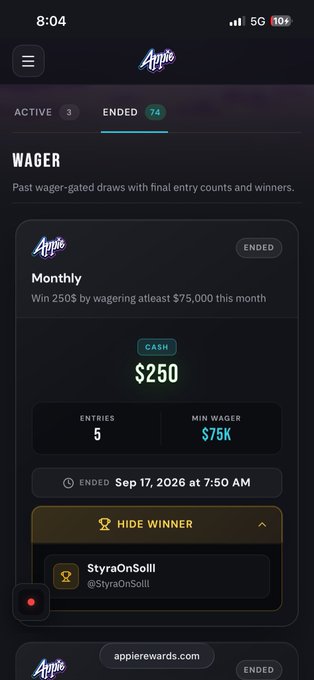 A mobile app screenshot for 'Appie' showing the 'ENDED' tab with a Monthly wager where 'Win 250$ by wagering atleast $75,000 this month', won by 'StyraOnSolli' ending Sep 17, 2026.
