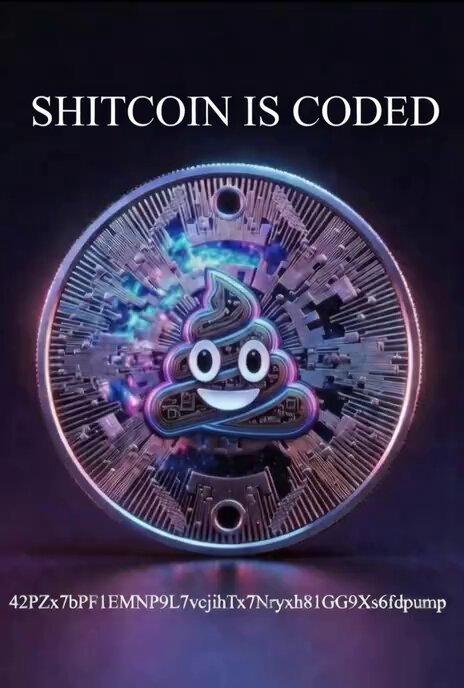 The image features a meme coin with a cartoon character, specifically a poop face, that says "SHITCOIN IS CODED". The coin has a purple background and a silver border, giving it an artistic appearance. The caption below the coin reads "42ZP-LemnNp-7Jvqjhx8NlGx6dmp", which is likely a reference to the creator of the coin or its purpose.