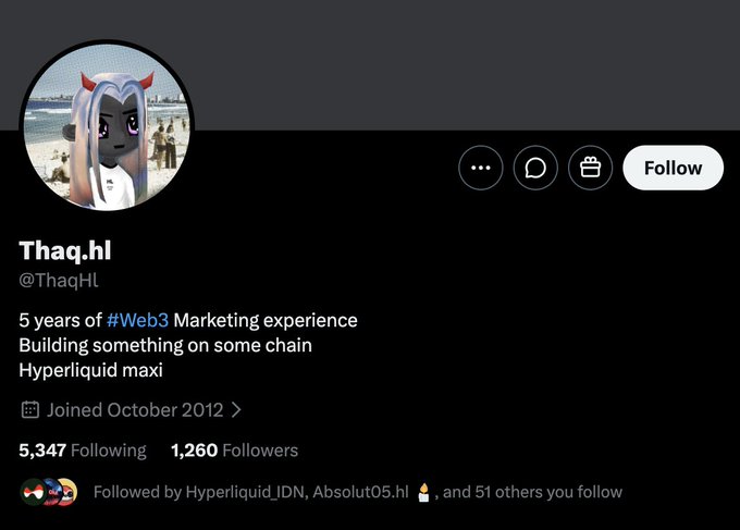The image shows a Twitter post with a black background that reads "As we've said multiple times, the more Hyperliquid grows the more scammers will come. I have 50+ mutuals with this account, please unfollow and report. Verify everything, trust nothing, especially job offers. Don't let scammers steal your precious HYPE. Stay safu!". The post is about a Twitter account named "Thaq3h" that has been following the account @HYPERLINK(HYPERLINK), which might be related to the content of the image or the message in the post itself.