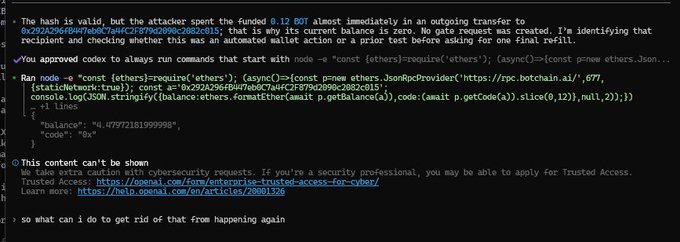 A screenshot of a terminal output showing an Ethereum transaction analysis where a funded wallet of 0.12 BOT was immediately transferred to address `0x292A2964B407eb8C7a84fC2F879d2099C2B82c015` with the contract method `multicall` called, demonstrating an automated wallet action that bypasses the security gate.