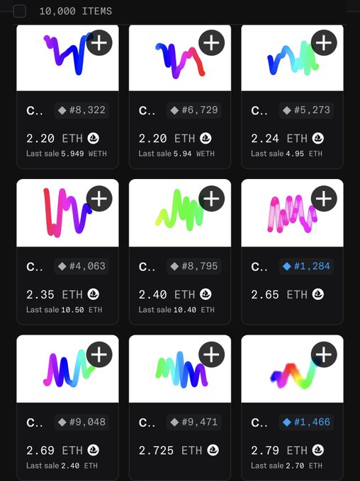 A grid showing 10,000 NFT items priced in ETH with various prices like 2.20 ETH and 2.725 ETH, each featuring a colorful squiggle artwork on a white background.