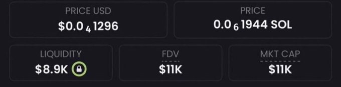A dark dashboard shows a token with a price of $0.041296 USD or 0.061944 SOL, a locked liquidity of $8.9K, and an FDV/Market Cap of $11K—likely representing the early metrics of a new memecoin call being promoted in the post.