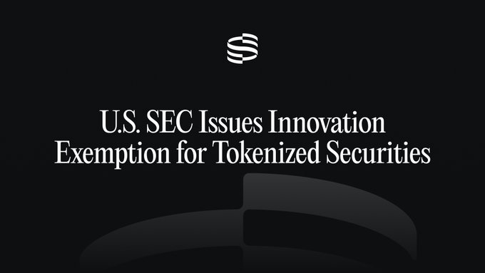 A black graphic with a stylized 'S' logo at the top and white text reading 'U.S. SEC Issues Innovation Exemption for Tokenized Securities' above a subtle Amazon smile logo.