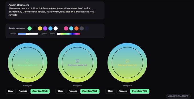 A digital interface titled 'Avatar dimensions' displays instructions for S3 Season Pass avatars in multicolored concentric circles, with options for border gap colors, blend settings, and download/clear/replace buttons for three entries.