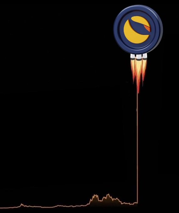 The image features a black background with a rocket ship flying through the air, leaving behind a trail of smoke. The rocket has a yellow circle on its side, which appears to be a logo or emblem. Below the rocket, there's text that reads "Let'S bring #LUNC back into the Top 10". This phrase is written in white letters and stands out against the black background.