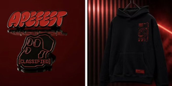 A promotional image shows a black 'APE FEST CLASSIFIED' hoodie on the right and a red neon-style 'APEFEST' logo with an ape graphic on the left.