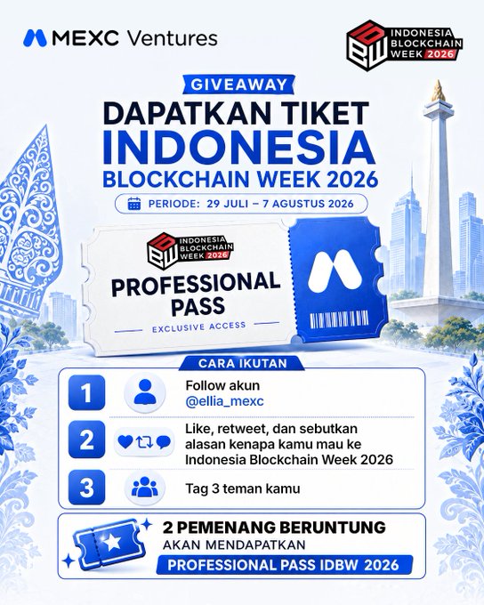 MEXC Ventures x Indonesia Blockchain Week 2026 giveaway graphic offering 2 winners a Professional Pass (July 29–August 7, 2026), with instructions to follow @ellia_mexc, like/retweet/quote reasons for attending, and tag 3 friends—matching the post announcing the two lucky winners, @honest53_ and @tmatemtal.