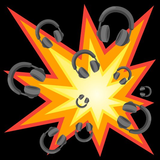 A cartoon-style graphic shows multiple pairs of headphones exploding outward from a bright yellow and red starburst on a black background.