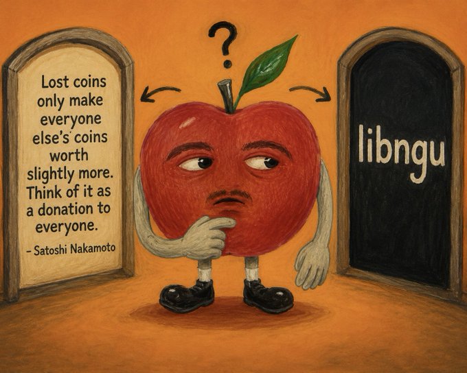 A cartoon apple character stands thoughtfully between a plaque displaying a Satoshi Nakamoto quote about lost coins being a "donation to everyone" and a door labeled "libngu," symbolizing the character's moment of dawning belief in the philosophical lesson about crypto scarcity. The apple's contemplative pose with a question mark overhead, paired with the post's caption "He's beginning to believe," captures the character weighing the wisdom of Nakamoto's words against lingering doubt.