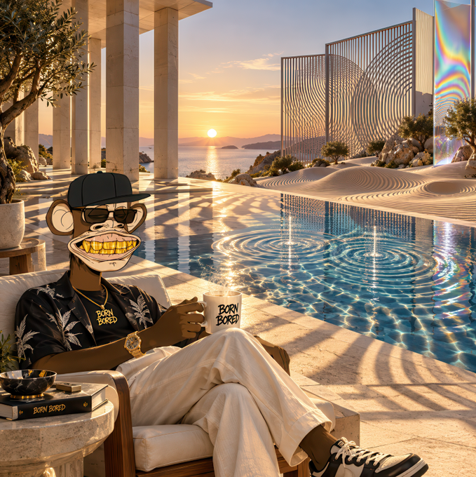 A stylish cartoon monkey wearing a "BORN BORED" cap and shirt sips coffee from a matching mug beside an infinity pool at sunset, embodying the post's message of leisure and intentional living in Web3 culture.
