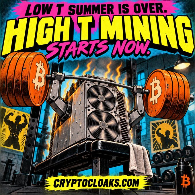 A promotional poster reading 'LOW T SUMMER IS OVER. HIGH T MINING STARTS NOW.' featuring a weightlifting Bitcoin mining rig with barbell-shaped BTC coins, branded 'CRYPTOCLOAKS.COM'.