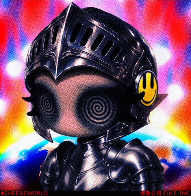 A retro-style illustration of a knight in shiny black armor with spiral eyes and a yellow smiley face pin, with '#CHEESEWORLD' and 'CULT, INC.' text visible.