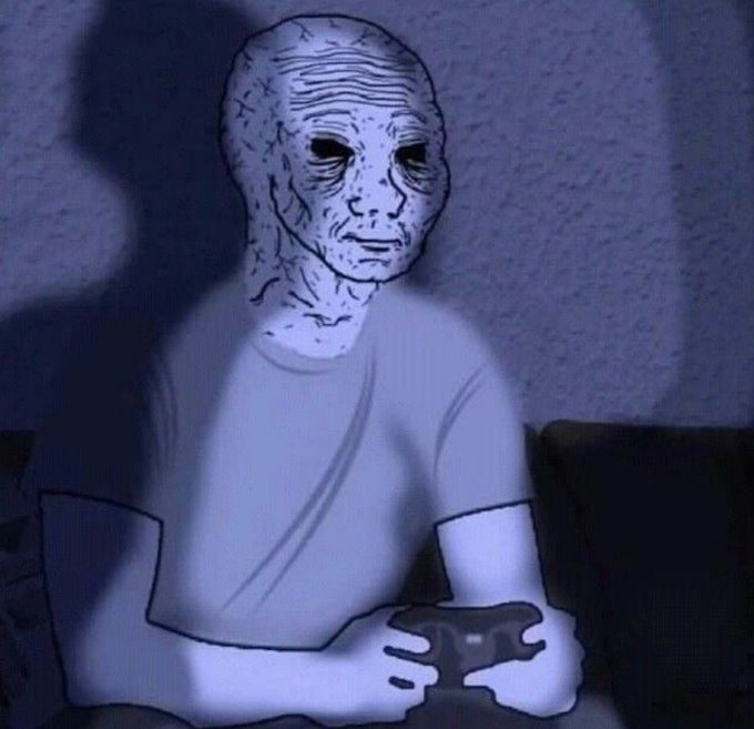 A line-drawn humanoid figure with a bald, wrinkled head sits on a couch holding a game controller, embodying the "doomer" meme archetype that pairs with the "Good morning" post to express weary, mundane routine. The stark, shadowy setting amplifies the character's signature look of existential resignation.