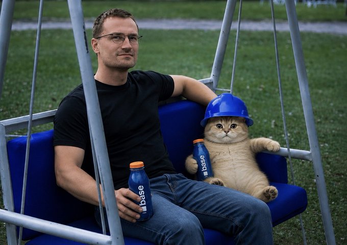 A man and an orange cat wearing a blue hard hat sit together on a blue swing, each holding a bottle labeled "base," visually reinforcing the post "this is base." The construction-themed cat mascot suggests Base is building something, likely referencing the Coinbase-backed Layer 2 network's ongoing development.