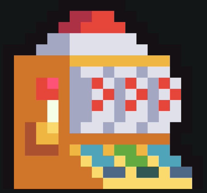 A pixel-art slot machine displaying three sevens with a pixelated character inside, fitting the post's theme of a Bitcoin-anchored digital slot machine.