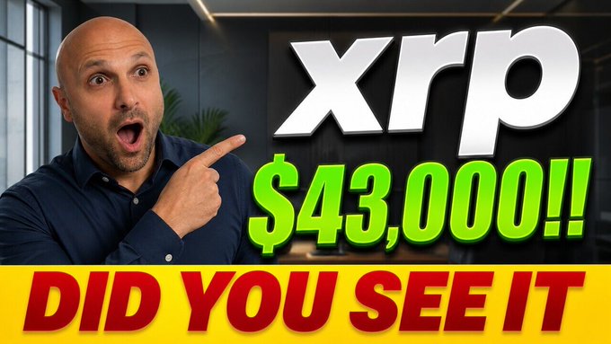 A thumbnail image features a surprised-looking bald man pointing toward bold text reading "xrp $43,000!!" and "DID YOU SEE IT," which sensationalizes the Kraken exchange's $90 fractional-trade glitch on XRP in January 2026 to attract viewers to the linked video.