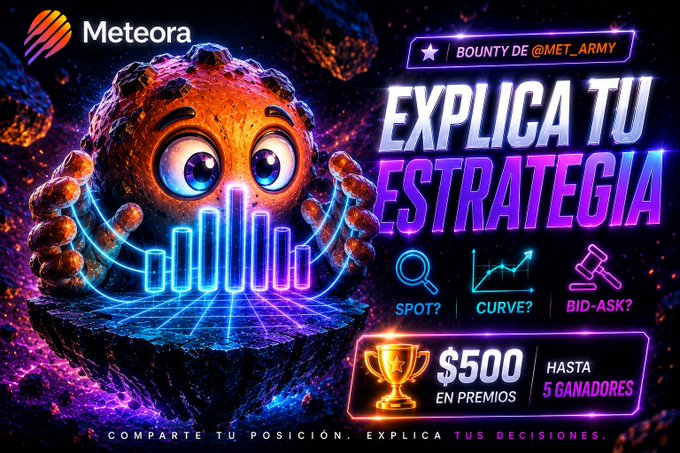 A promotional graphic for 'Meteora' cryptocurrency featuring an animated asteroid character, with Spanish text 'EXPLICA TU ESTRATEGIA' (Explain your strategy), offering $500 in prizes to 5 winners, and asking about SPOT, CURVE, or BID-ASK strategies.