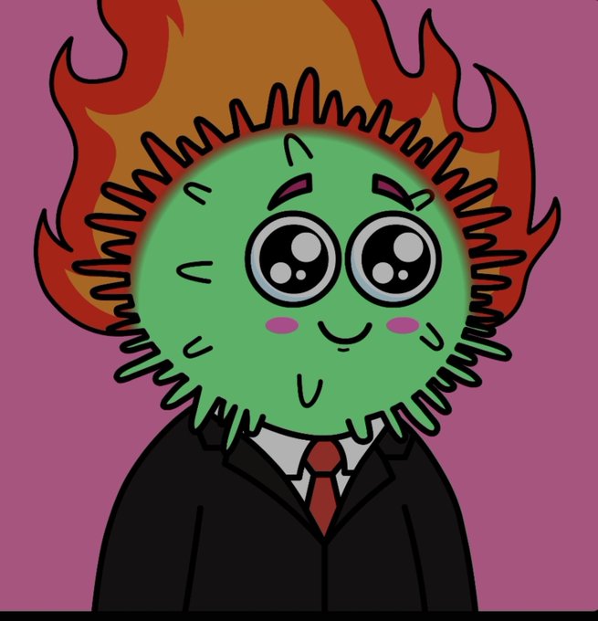A cartoon illustration of a round, green, spiky-headed character with big eyes, wearing a black suit and red tie, set against a pink background.