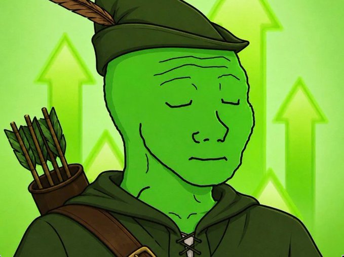 A digital illustration of a green-skinned archer in a green tunic and feathered hat, eyes closed in a meditative expression, with a quiver of arrows on his back against a background of upward green arrows.
