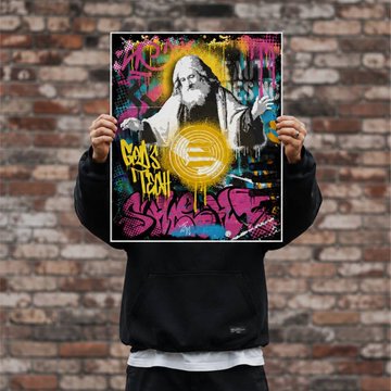 A person wearing a black hoodie holds up a colorful, graffiti-style Solana (SOL) poster featuring a portrait and the text 'You Can't Stop Solana' against a brick wall background.
