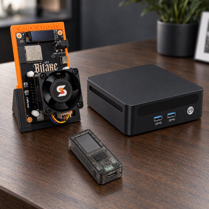 A SoloSatoshi Bitcoin mining device with a cooling fan next to a black mini PC with USB ports and a small hardware wallet on a wooden desk.