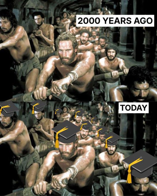 A meme comparing ancient and modern life using a scene of Spartan warriors rowing a ship, with the top half labeled '2000 YEARS AGO' and the bottom half labeled 'TODAY' with graduation caps photoshopped onto the rowers' heads.