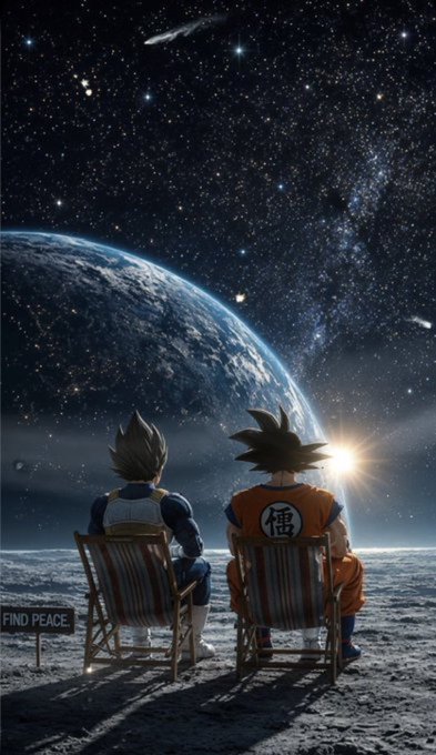 Anime-style digital artwork of two Goku-like characters sitting in beach chairs gazing at Earth and a starry sky, with a 'FIND PEACE' sign.