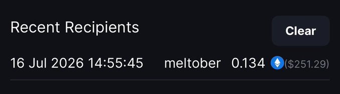 A screenshot showing a "Recent Recipients" list with a single transaction entry dated 16 Jul 2026 14:55:45, awarding 0.134 ETH (~$251.29) to user "meltober." The image serves as proof of the giveaway winnings announced in the accompanying post congratulating the recipient.
