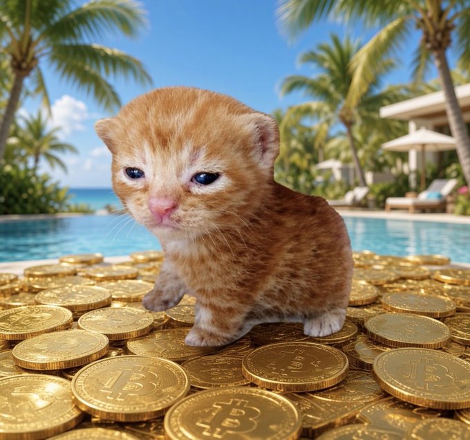 A small orange kitten sitting on a large pile of gold Bitcoin coins in front of a tropical resort pool with palm trees.