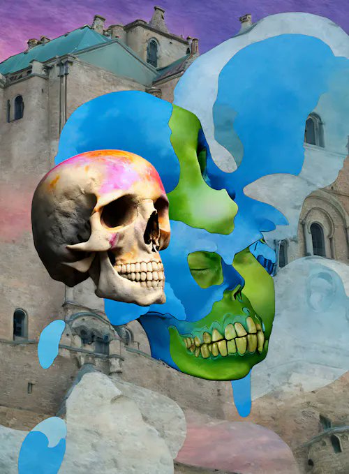 A surreal digital artwork featuring a realistic skull, a green skull, and blue liquid-like shapes superimposed over a medieval stone castle.
