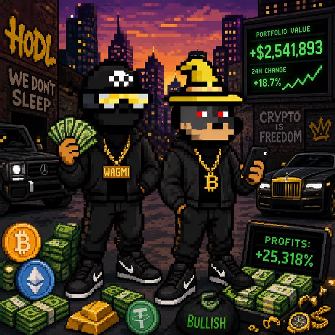 A pixel art illustration shows two figures wearing black hoodies and gold Bitcoin chains, holding cash and phones, standing before luxury cars with a portfolio display showing "$2,541,893" and "+18.7%", alongside graffiti reading "HODL WE DON'T SLEEP" and "CRYPTO IS FREEDOM".