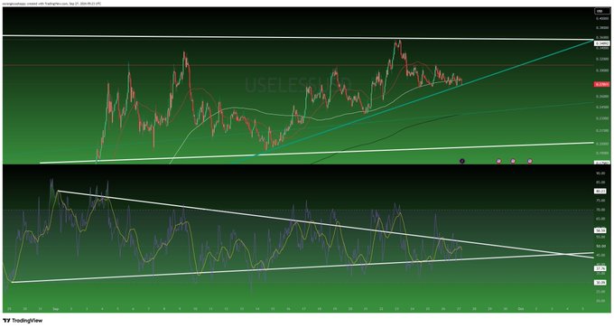 A TradingView chart showing the XRP/TetherUS pair on Binance with two panels: a price chart with moving averages forming a wedge pattern labeled "USELE", and an RSI/oscillator indicator panel below also showing wedge/triangle patterns.