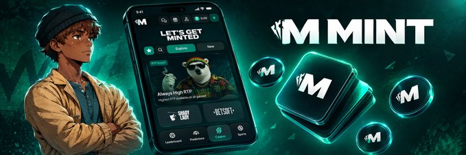 A stylized character with crossed arms stands beside a smartphone displaying the "M MINT" app interface with the headline "LET'S GET MINTED" and a panda mascot wearing a hat, alongside glowing "M" token icons and "M MINT" branding, visually promoting the PlayOnMint prediction and gaming platform mentioned in the post.