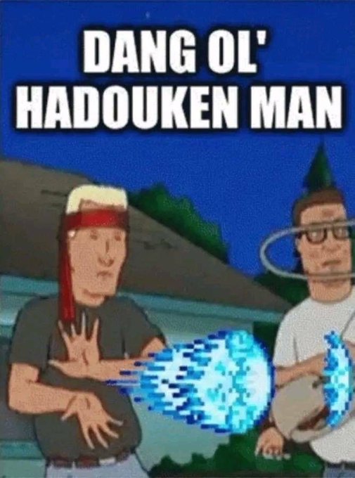 A King of the Hill meme with text 'DANG OL' HADOUKEN MAN' showing animated characters Beavis and Butt-Head performing pixelated fireball attacks in a fighting game style.