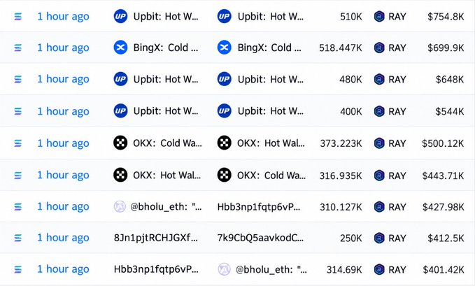 A cryptocurrency trading tracker displays various transactions from platforms like Upbit, BingX, and OKX for the token 'RAY', showing prices ranging from $401.42K to $754.8K.