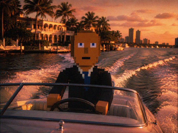 A pixelated/voxel-style character with a blocky head wearing a black suit driving a boat during a golden sunset, with palm trees and city skyline visible in the background.