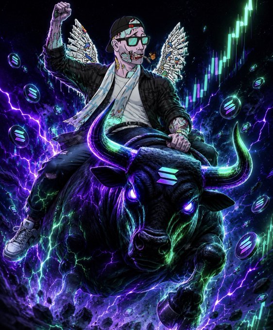 A stylized crypto-themed illustration of a tattooed man with dollar-sign wings riding a glowing neon bull, surrounded by Solana (SOL) coin logos and green candlestick chart elements.