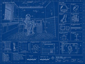 A blue blueprint-style technical drawing showing an astronaut in a space station interior, with surrounding panels detailing equipment like an EVA visor, air filter, crew medical kit, and camera mount, labeled 'METRO DESIGN'.