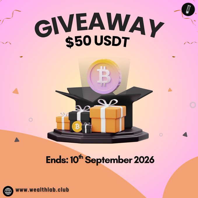 A promotional graphic for a "$50 USDT GIVEAWAY" by WealthLabClub, featuring an open gift box with a glowing Bitcoin coin and smaller wrapped presents, ending on 10th September 2026. The image visually reinforces the post's giveaway announcement, highlighting the crypto prize and the deadline for entries.