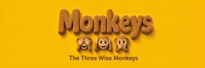 A 3D-style graphic displays 'Monkeys' in bubble text above three monkey emojis covering their eyes, ears, and mouth, with the subtitle 'The Three Wise Monkeys'.
