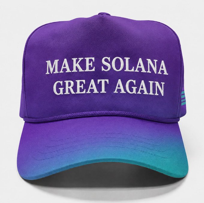 A purple and teal gradient baseball cap featuring white embroidered text that reads 'MAKE SOLANA GREAT AGAIN'.
