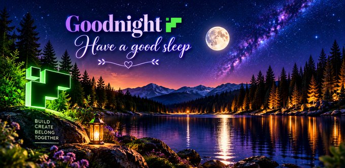 A digital landscape featuring a lake, mountains, and a starry night sky with a full moon, overlaid with the text 'Goodnight Have a good sleep' and 'BUILD CREATE BELONG TOGETHER'.