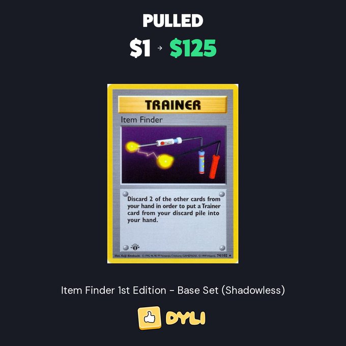 A social media post showing a Pokemon TCG 'Item Finder' Trainer card (1st Edition Base Set Shadowless) that was pulled and sold, with text indicating '$1 → $125' and a 'DUU' logo at the bottom.